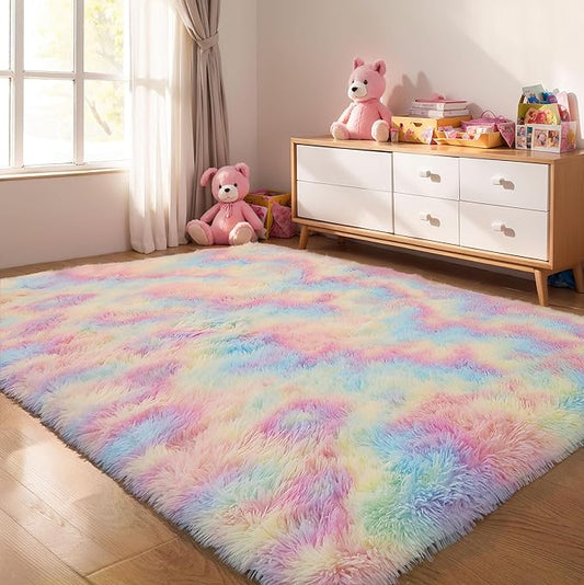 5x8 Rainbow Shaggy Unicorn Kids Rug for Girls Bedroom, Fluffy Fuzzy Soft Shag Princess Area Rugs for Living Room, Pastel Plush Washable Non-Slip Carpet for Nursery, Teens Boys Dorm Toddler Room