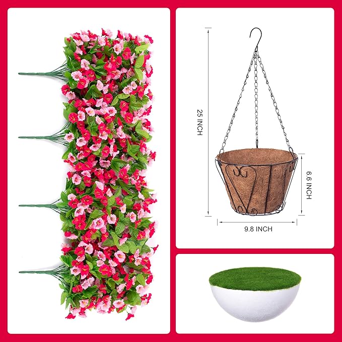 INXUGAO Artificial Flowers with Hanging Basket, Outdoor Faux Plants Silk Morning Glory Vines, Fake Green Arrangement for Garden Patio Spring Summer Decor(4pcs,Hot Pink)