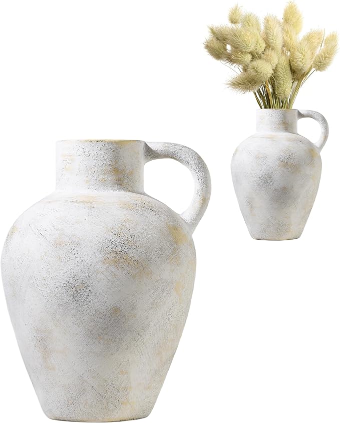 UPWOIGH 12in Ceramic Flower Vase with Handles | Off-White Finish, Handcrafted Weathered Texture, Rustic Farmhouse Style, Table Shelf Living Room Décor