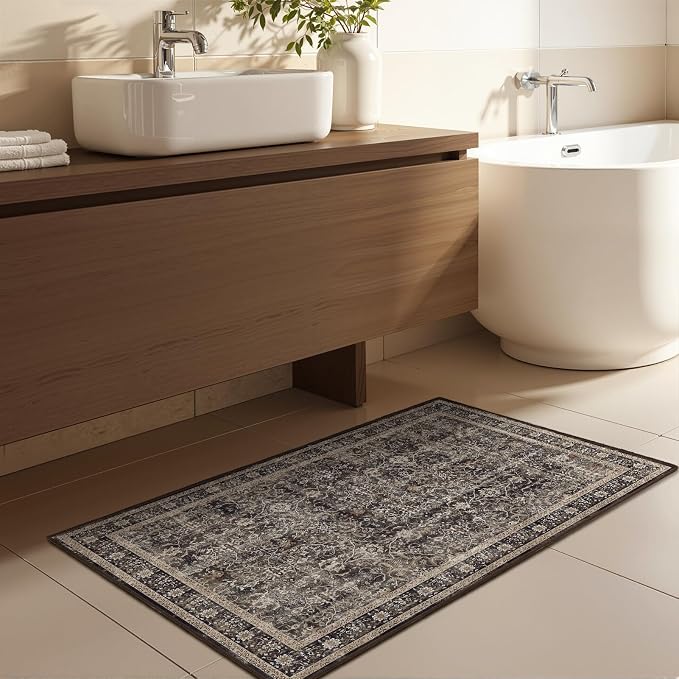 Dark Washable Entryway Rug 2x3, Mid-Century Modern Print Kitchen Bathroom Rugs, Vintage Classic Small Rug for Bedroom, Ultra Thin Door Mat Indoor Entrance Non Slip, Earth Tone Brown/Black/Beige