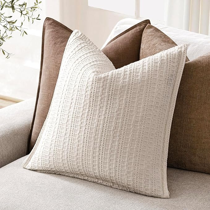 Foindtower Set of 2 Decorative Cotton Waffle Weave Throw Pillow Covers Euro Shams Cushion Covers Accent European Pillowcase for Bed Couch Sofa Bedroom Living Room Home Decor 20×20 Inch Natural Ivory