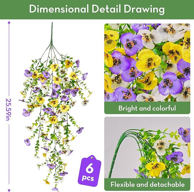 Serwalin Artificial Fake Hanging Flowers for Outdoors Planters,6PCS UV Resistant Faux Pansy Spring Flowers for Outside Porch Patio Garden Window Box (Yellow Purple White)