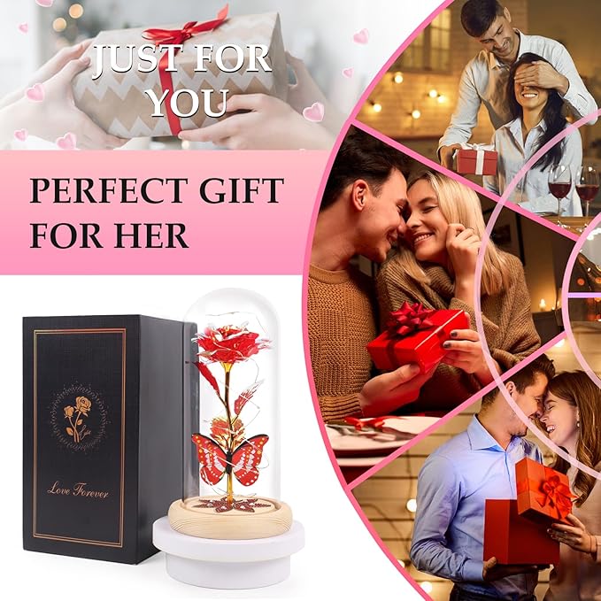 Beferr Birthday Gifts for Women Galaxy Glass Rose Forever Preserved Flowers for Delivery Light Up Rose in Glass Dome Mothers Day Butterfly Gifts for Mom Wife Grandma Her Daughter Girlfriend