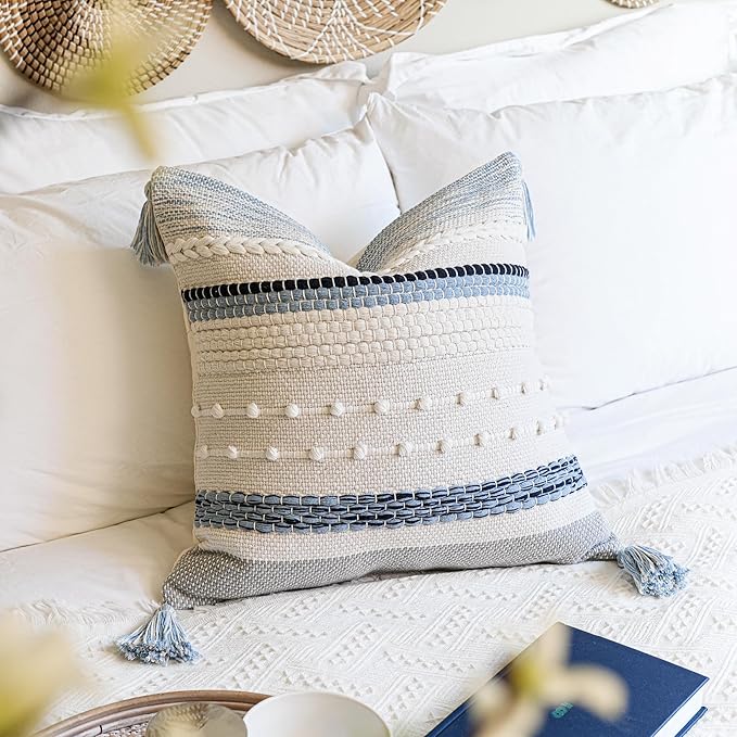 BlissBlush Coastal Blue Boho Decorative Throw Pillow Cover 20x20 Modern Bohemian Accent Pillow Case Square Woven Textured Farmhouse Pillows for Couch Bed (Pack of 1)