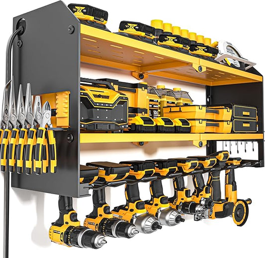 YYR Power Tool Organizer with Charging Station Wall Mount, Cordless Drill and Battery Holder for Garage Organization, Electric Tools Storage Rack Build in Surge Protection Power Strip - Yellow Shelf