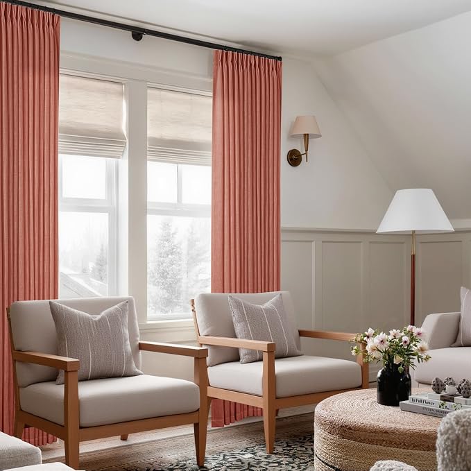 80 Inch Pinch Pleated Linen Curtains 2 Panels for Living Room Bedroom Boho Farmhouse Terracotta Semi Sheer Back Tab Pinch Pleat Hooks Rings Red Clay Window Curtain Burnt Orange Autumn Fall Decor