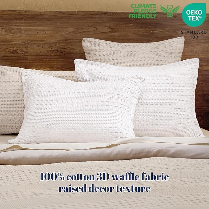 PHF 100% Cotton Ruffle Waffle Pillow Shams Standard Size, 2 Pack 20" x 26" Soft Skin-Friendly Pillowcases, No Filling, Aesthetic Home Decor, Breathable Waffle Weave Bed Pillow Covers, White