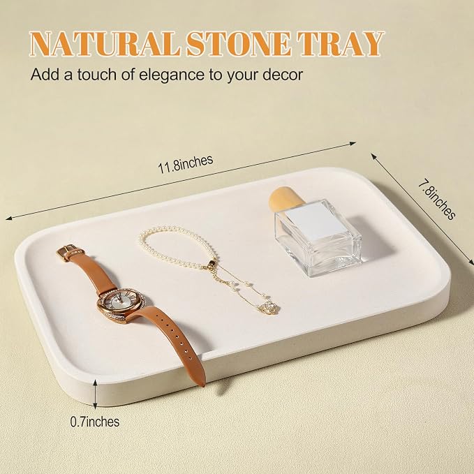 Koville Marble Tray, 12"x8" Natural Stone Vanity Tray for Countertop Bathroom Kitchen Dresser, Decorative Marble Catchall Trays for Perfume Jewelry, Rectangular Serving Tray(Beige)
