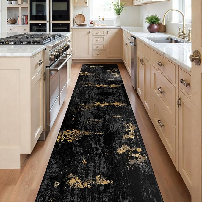 RELEANY Washable Area Rugs 2'x10' Non-Slip Modern Abstract Soft for Living Room Entryway Bedroom Nursery, Print Pattern, Dark Black Gold
