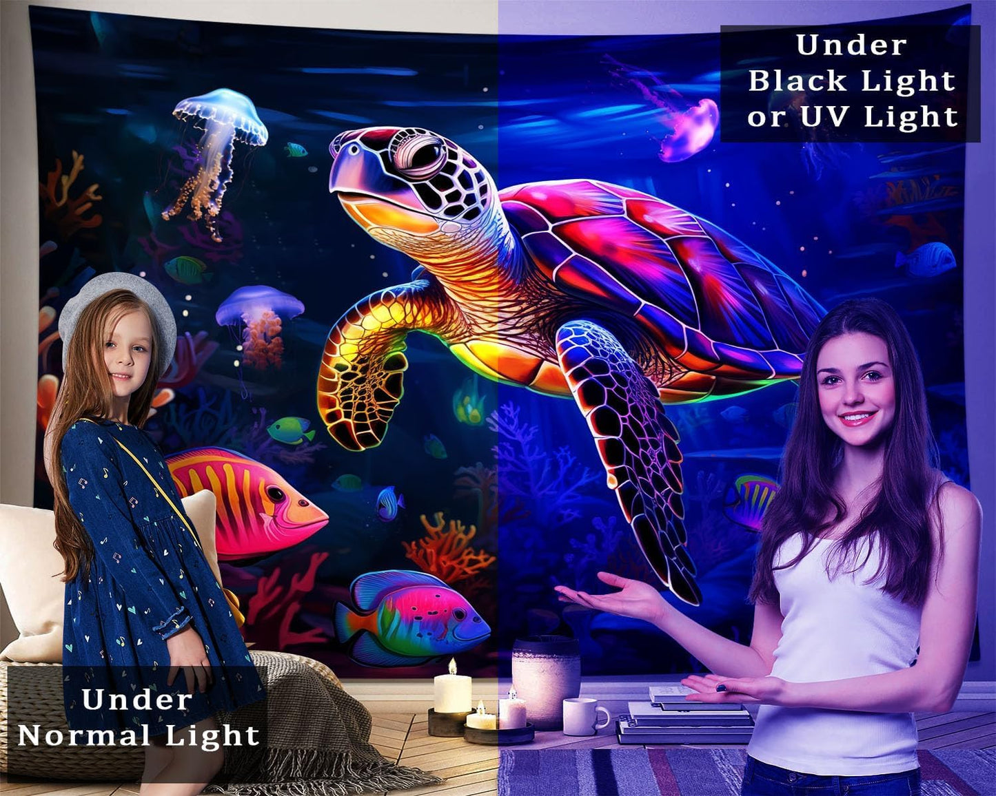 QGHOT Turtle Tapestry, Blacklight Ocean Tapestry Wall Hanging Undersea Black Light Poster for Kids Glow in the Dark for Bedroom Children Toddler Room Decor 37x29in