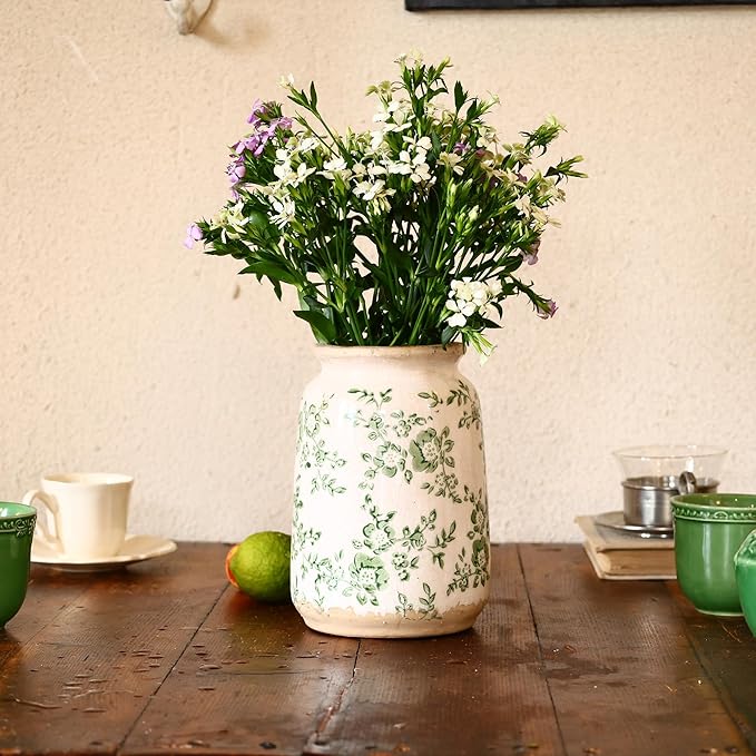 Ronasip Vintage Blue and White Chinoiserie Ceramic Vase, 6.9” Hand-Painted Peony Floral Design, Antique Style Vases for Home Decor, Centerpieces, Living Room, Balcony (Green and White)