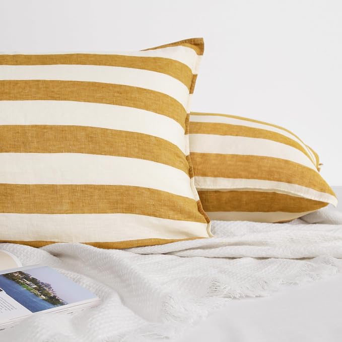 Striped Linen Pillow Cases Set of 2,20"x40" King Size,100% French Natural Flax Soft Linen Pillowcases,Yellow Stripe