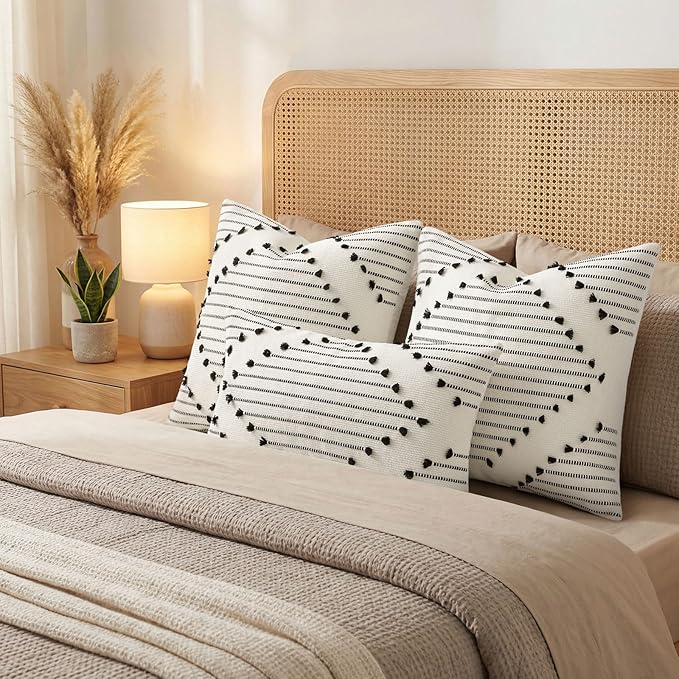 Mecatny Boho Outdoor Throw Pillow Covers 20X20 Set of 2, Farmhouse Decorative Pillow Covers for Couch Sofa Living Room, Black & Cream White