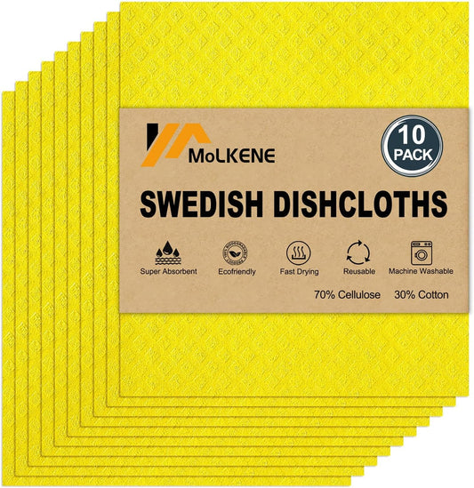 Swedish Dishcloths for Kitchen | 10 Pack Absorbent Cellulose Sponge Cloths Washable | Non-Scratch Reusable Paper Towels Quick Drying Cleaning Rag - Yellow