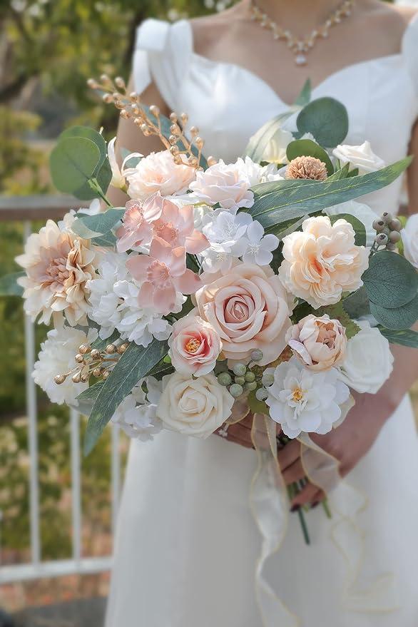 rongflower Artificial Flowers Combo Box Set Champagne Fake Flower Leaf Box with Stems for DIY Wedding Bouquets Centerpieces Arch Arrangement Baby Shower Party Home Decorations
