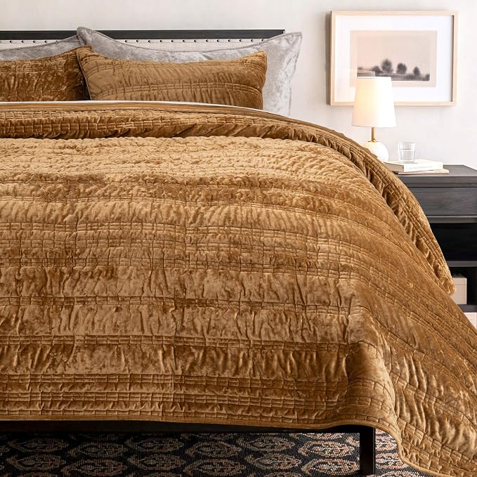 EVERGRACE Luxury Ruched Velvet Quilt King Size, Ultra Soft Bedspread Coverlet Set, Lightweight Velvet Comforter, Quilted Bedding Cover with 2 Matching Shams for All Season, Gold Yellow | Luxe Velvet