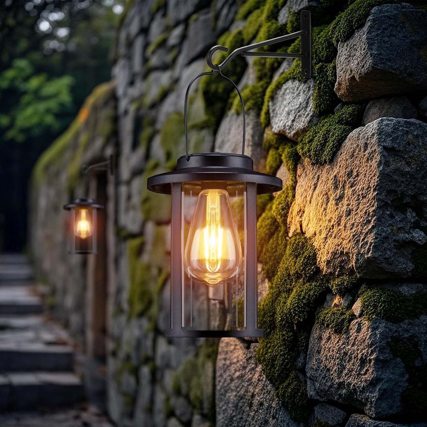 Solar Lantern Outdoor,Hanging Solar Lights Waterproof,Outdoor Wall Light Fixtures wiht Bulb,Outside Porch Lights Wall Mount for Front Garage Chicken Coop Farmhouse,2 Pack