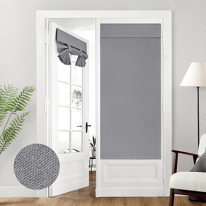 HOMEIDEAS 100% Dark Grey Linen Blackout French Door Curtains, Privacy Door Window Curtains, 30 X 68 Inch Room Darkening Blinds, Thermal Insulated Shades for Bedroom, 1 Panel