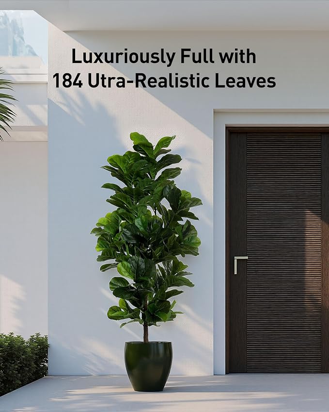 FLOWORLD Fiddle Leaf Fig Tree 6ft Tall Artificial Tree in Plastic Pot Fake Ficus Lyrata Plants with 184 Decorative Fiddle Leaves Faux Fig Trees for Home Office Living Room Decor Indoor Outdoor