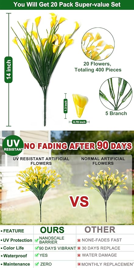TURNMEON 20 Bundles Calla Lily (400 Heads) Artificial Flowers for Outdoors, Fake Plants UV Resistant Faux Plastic Fake Flowers for Indoor Planter Home Porch Yard Spring Summer Cemetery Decor(Yellow)