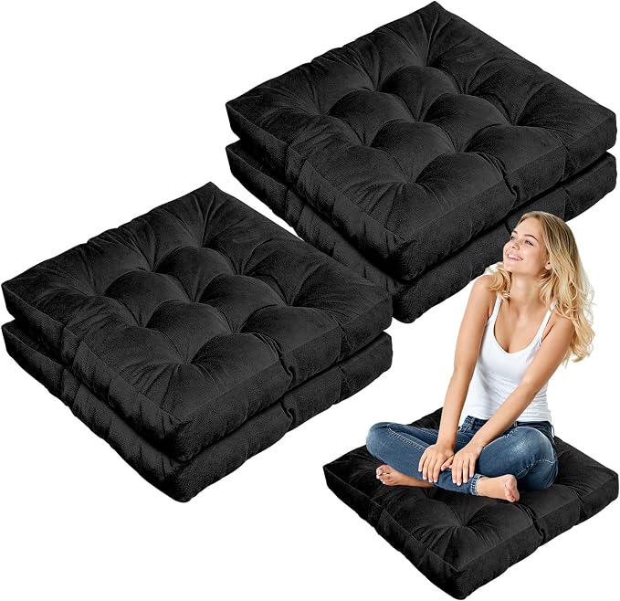 Jerify 4 Pcs Floor Pillow Cushions Large Round Square Large Meditation Floor Pillow for Classroom Adult Meditation Picnic Party Seating Learning Daycare School (Square,Black)