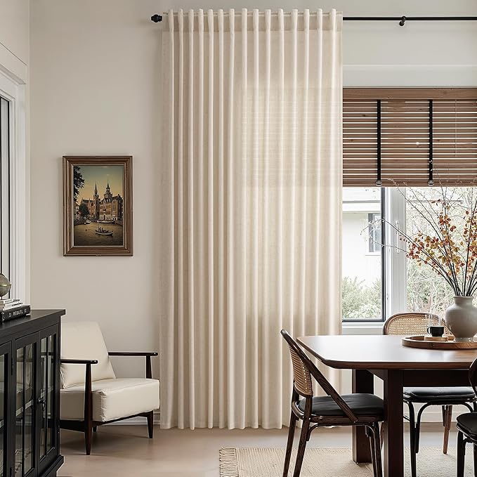 Grey Flax Linen Curtains 108 Inches Long for Living Room Light Filtering Mordern Boho Sheer Curtains Back Tab and Rod Pocket Long Floor to Ceiling High Window Curtain for Bedroom 52x108, 2 Panels