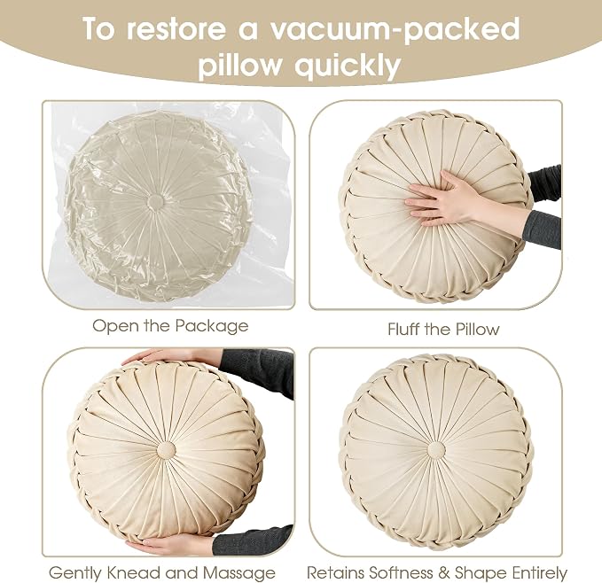 ROSE&RISY Round Pleated Velvet Throw Pillow, 1 Pack Decorative Accent Pumpkin Pillow Cushion for Couch Sofa Bed, Soft Plush Retro Vanity Throw Pillow for Home Decor, 14.5 Inch, Cream