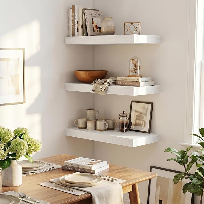 Fun Memories Wood Floating Shelves 20 Inch, 12 Inch Deep Shelves Wall Mount, Wall Shelves with Invisible Bracket, 20" Floating Shelves for Living Room Bathroom Bedroom, White, Set of 2