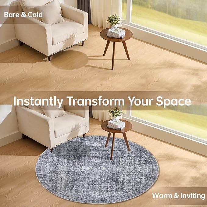 Sasttie Round Rug 4ft, Ultra-Soft Washable Circle Rug, Low Pile Foldable Thin Rugs with Non-Slip Backing, Skin-Friendly Stain Resistant Carpet for Living Room, Bedroom, Kitchen, Dorm, 4ft, Black Grey