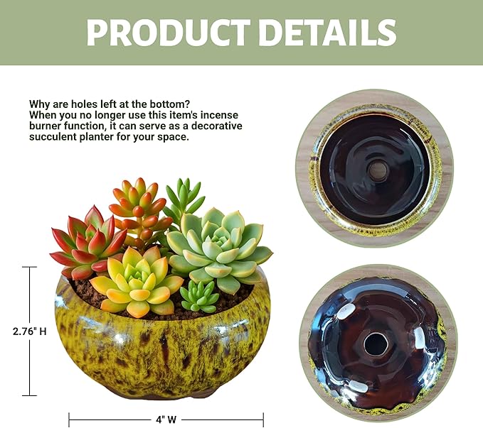 Incense Burner with Calabash Incense Stick Holder - Porcelain Charcoal Censer for Use with Resin Granular Powder Cone or Coil Incense (Kiln-Colored Yellow)