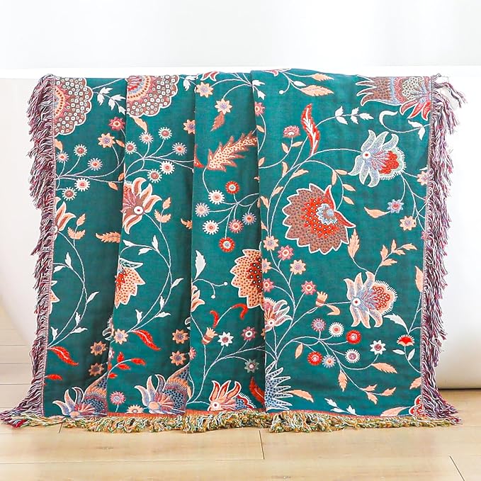 Boho Throw Blanket for Bed,100% Ultra Cotton Soft Breathable Bed Throw Floral Printed Farmhouse Decor Rustic Bed Throws for Couch Sofa Quilt White Flowers 90" x 98"