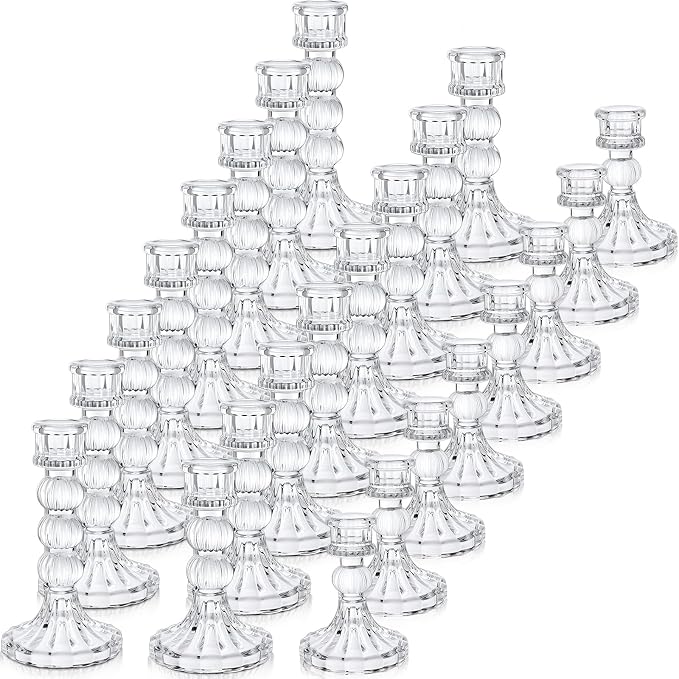 Mumufy 24 Pack Glass Taper Candle Holders Clear Candlestick Holder Fit 0.8 Inch Candles 4'' 6'' 8'' Tall Crystal Decorative Candlestick Stand Centerpiece for Table Wedding Dining Party (Vertical)