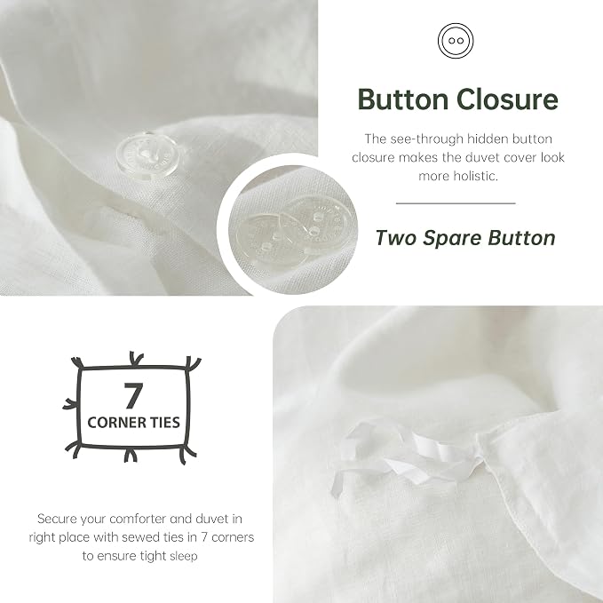 Simple&Opulence 100% Linen Duvet Cover Set, 3 PCS Natural French Flax White Duvet Cover California King Size, Breathable Soft Comfy Linen Bedding Comforter Cover with 2 Pillowcases(White, 104"x98")