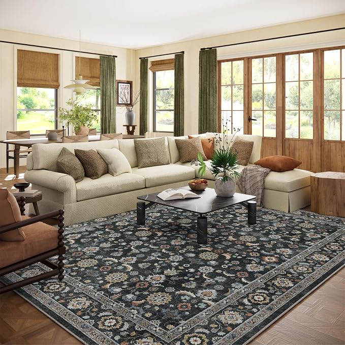 Washable Area Rugs for Living Room: 9x12 Bedroom Rug Vintage Boho Area Rug Stain Resistant Non Slip Low Pile Lightweight Soft Carpets for Living Room Dining Room Kitchen Nursery Kids Room Farmhouse