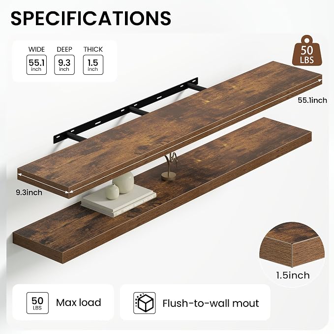 Heimlove 55 Inch Long Floating Shelves for Wall,9.3" Deep Rustic Brown Floating Shelf Set of 2,Large Display Shelf & Storage Shelf,Wall Mounted Shelves for Bedroom Living Room Kitchen Office