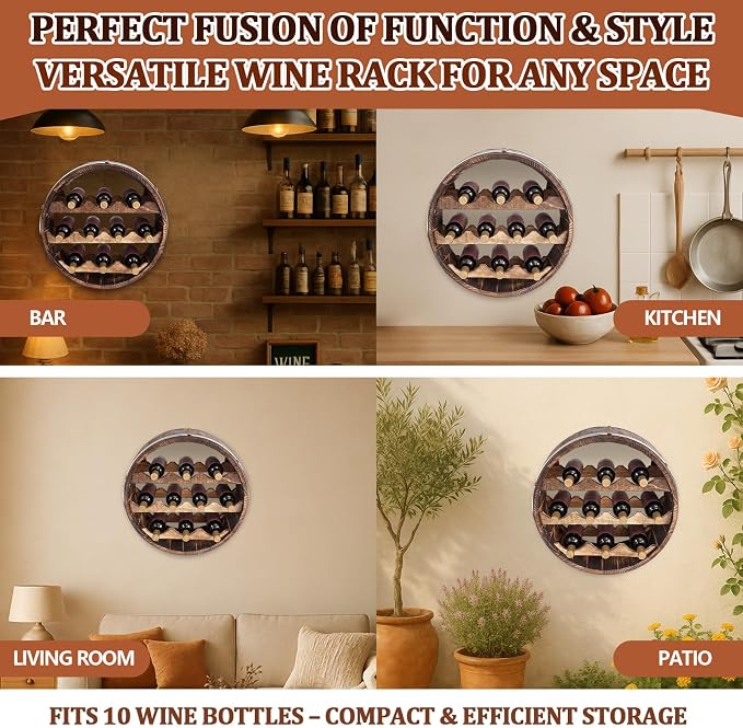 Colingmill 19.7 x 5.9 in Whiskey Barrel Decor Shelf Rustic Wall Mounted Bourbon Wooden Floating Hand Wine Rack Oak for 10 Wine Bottle Holder Display Stand Vintage Bar (Walnut Color)