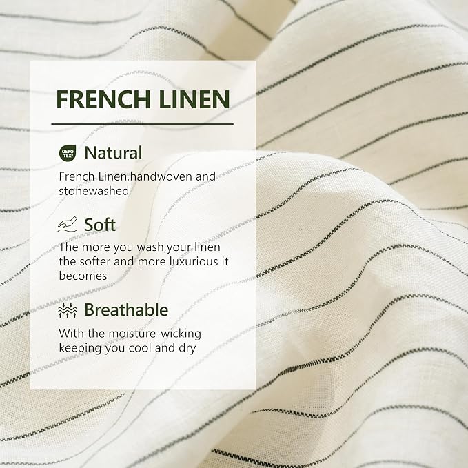 Striped Linen Pillow Cases Set of 2,20"x40" King Size,100% French Natural Flax Soft Linen Pillowcases,Olive Green Pinstripe