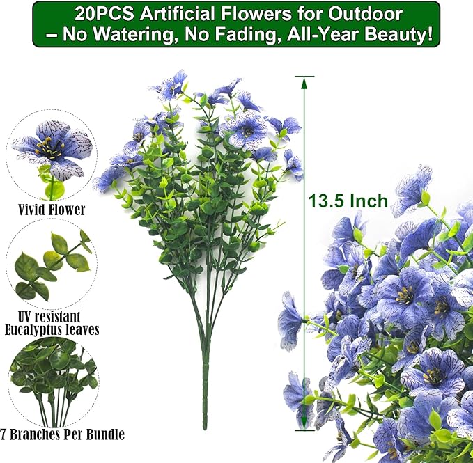 Grunyia 20 Bundles Artificial Flowers for Outdoors, UV Resistant Fake Plants Flowers Greenery Shrubs Plants for Decoration Outside Plants Hanging Planter Home Garden Decor (Blue)