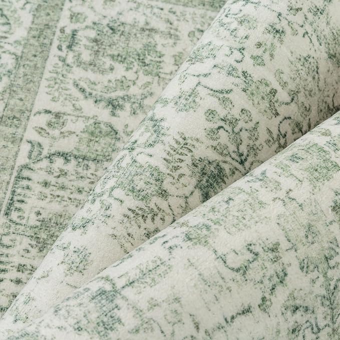PureCozy Runner Rug 2x5 Sage Green Hallway Washable Vintage Distressed Kitchen Carpet Non Slip Neutral Low Pile Retro Floral Farmhouse Long Throw Rug Entryway Bathroom Office Laundry Dining Room