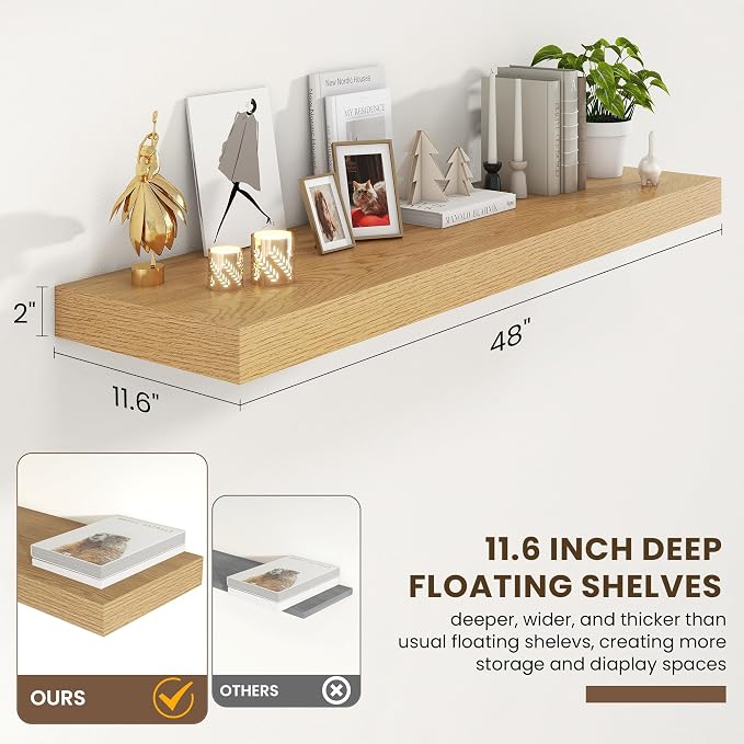 FLYJOE 48 Inch Floating Shelves | 12 Inch Deep Oak Floating Shelves Set of 2 | 48" W x 12" D Oak Wall Shelves for Bathroom Living Room Kitchen Laundry Room
