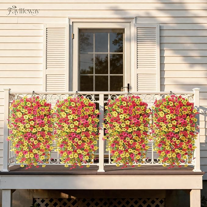 Artificial Hanging Flowers for Outdoors Spring Summer Decoration, 8PCS UV Resistant Silk Fake Hanging Plants for Patio Porch Front Yard Window Garden Indoor Decor(Hot Pink&Yellow,8PCS)