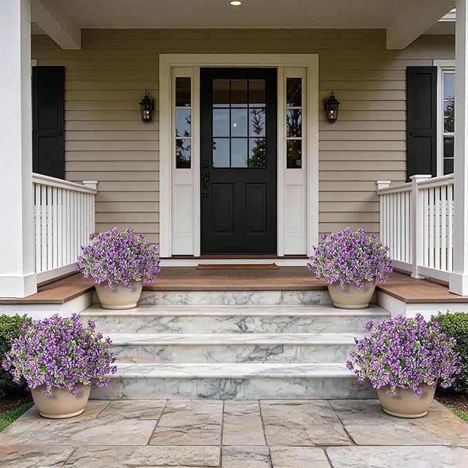 Artificial Morning Glory & Eucalyptus Topiary Trees - Set of 2 Faux Silk Flower Potted Plants, UV-Resistant Fake Outdoor Morning Glory Bushes for Front Door, Yard, Farmhouse, Garden Decor (Purple)