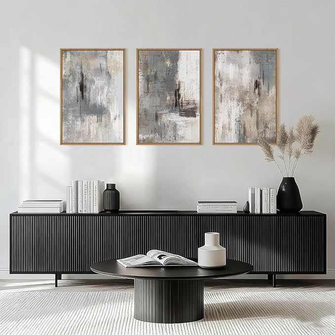 Large Abstract Neutral Gray Beige Framed Canvas Wall Art,Modern Minimalist Earth Tone Brushstroke Wall Decor,Vintage Rustic Color Block Artwork for Living Room,Bedroom,Farmhouse- 16"x24"x3