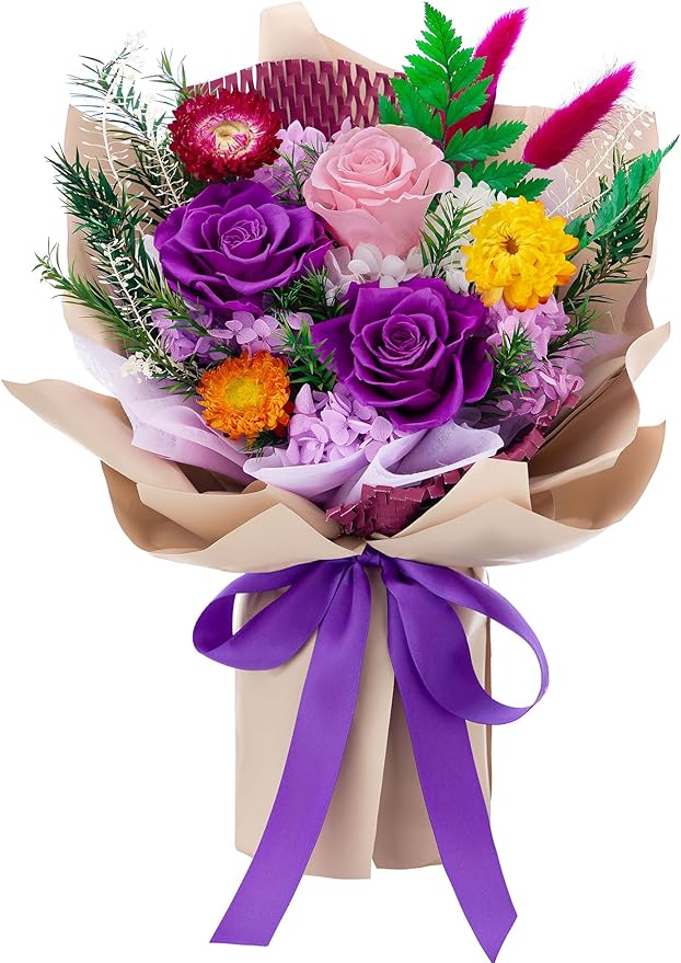 Forever Flowers Gifts for Mom, Mothers Day Preserved Flowers Bouquet Birthday Gifts for Her, Preserved Roses for Grandma Wife Anniversary Valentines Day Christmas (Purple Paper)