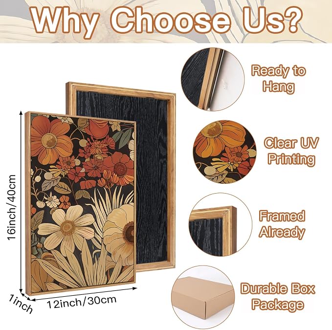 CHDITB Boho Burnt Orange Terracotta Wildflowers Framed Wall Art(12"x16"), 3 PCS Abstract Floral Canvas Artwork, Large Modern Vintage Botanical Nature Art Wall Decor for Home Office Living Room Bedroom