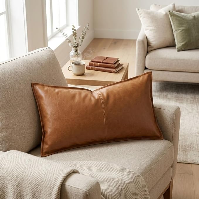 Genuine Leather Pillow Cover Case for Lumbar Throw Couch Pillows - Modern Farmhouse Decorative Sofa Thick & Soft Cushion Covers (Tan, 12" x 20")