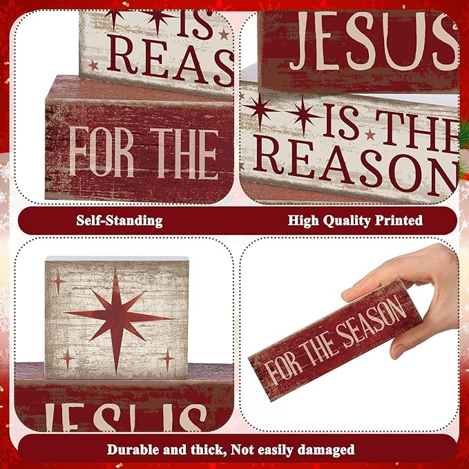 Lineshading 4 Pcs Christmas Table Decoration Jesus Decor Christmas Tiered Tray Decor Christian Centerpiece Decorative Jesus Block Signs Gift Farmhouse for Religious Home Office Tabletop Kitchen Office