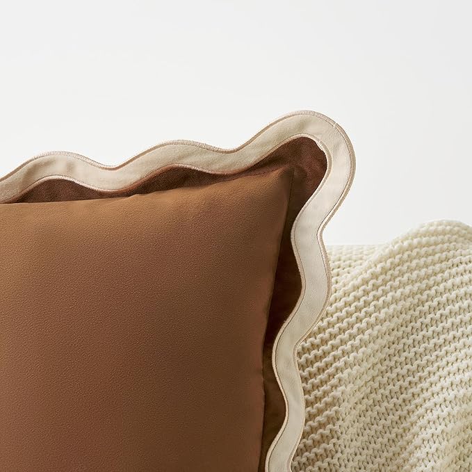 MONDAY MOOSE Decorative Throw Pillow Covers Cushion Cases, Set of 2 Soft Velvet Scalloped Wavy Edge Designs, Mix and Match for Home Decor, Pillow Inserts Not Included (18x18 inch, Beige/Brown)