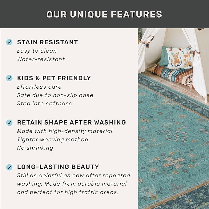 Hazo Haus Teal 3x6 Wide Non Slip Kitchen Rug - Washable Front Door Runner Indoor Entrance, Vintage Floral Pattern Indoor Decor, Non Slip Soft Low Pile Fade Resistant