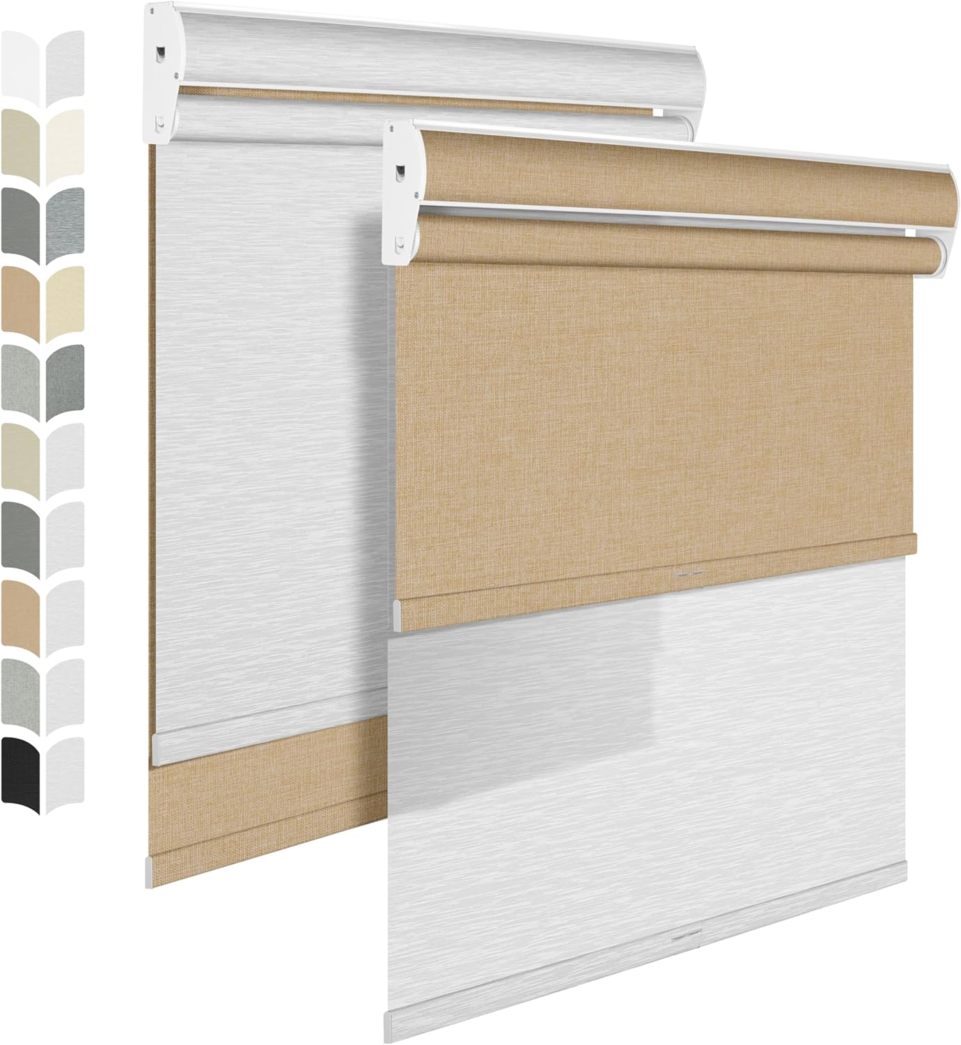 BERISSA Cordless Dual Roller Shades with Cassette Valance, Double Window Shades - Blackout and Light Filtering, Day and Night for Home Office Door. Linen Beige and White. 67 W x 36" H